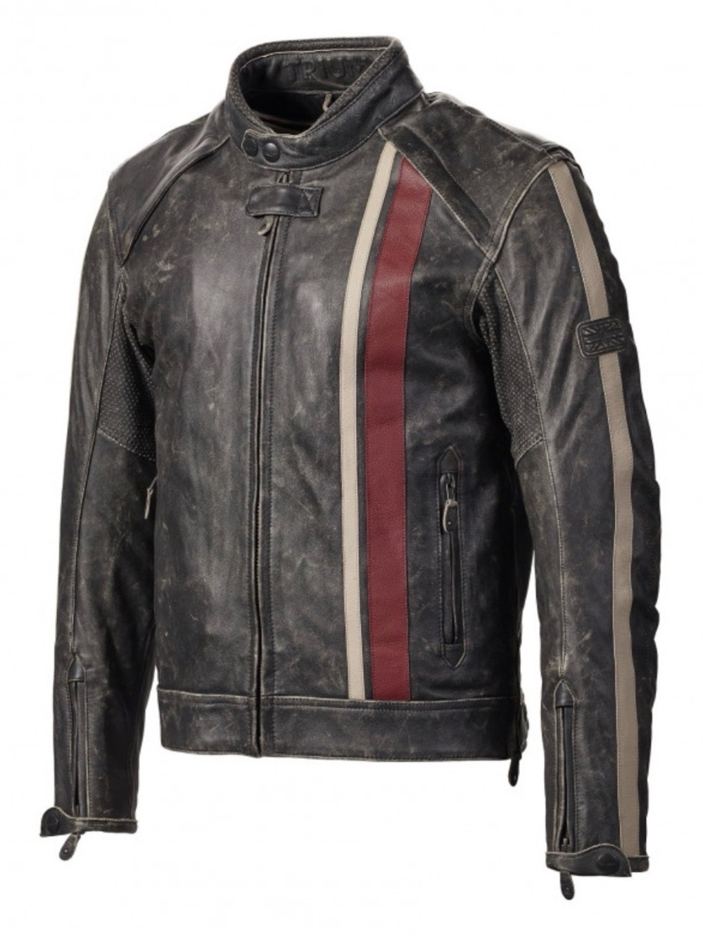 Triumph Black Leather Jacket with Red & Cream Racing Stripes - Picture 3 of 7
